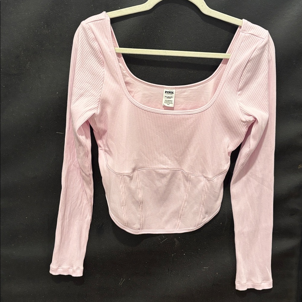 PINK Victoria's Secret Light Pink Ribbed Corset Cropped Long Sleeve Tee